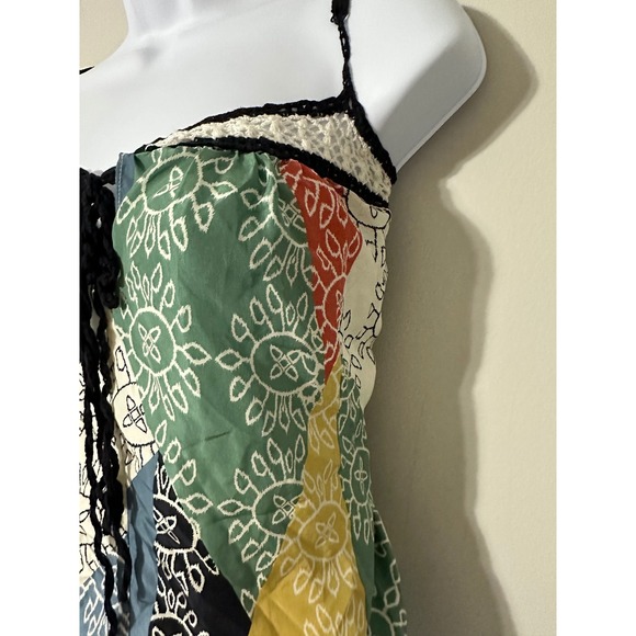 BCBGMAXAZRIA Silk Top L Colorful Patchwork Sunburst Crochet Trim Spaghetti Strap - Picture 3 of 7